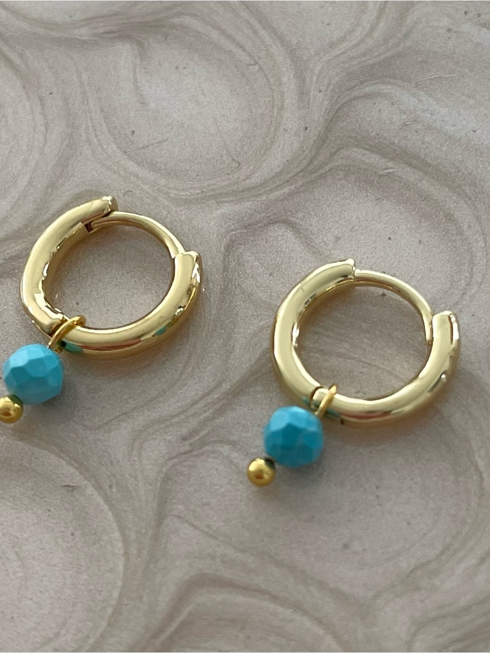14K Gold Played Hoop Earrings with Turquoise Bead Charm